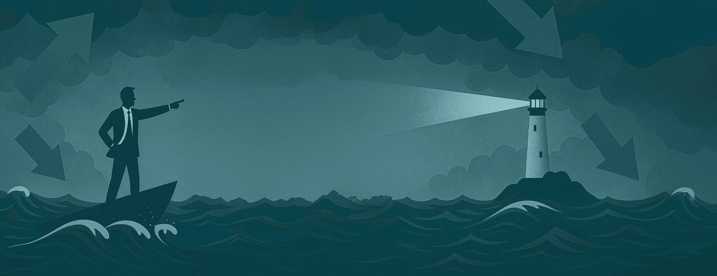 Ein Mann in Anzug auf einem Boot im Ozean, der mit dem Finger auf einen Leuchtturm in der Ferne zeigt, während dunkle Wolken am Himmel sind.