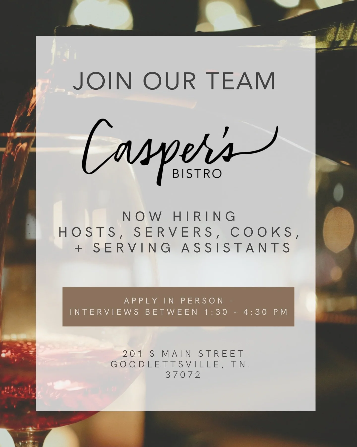We are looking for people to join our team at Casper&rsquo;s Bistro. Please apply in person. We&rsquo;re excited to add great people to our team! 🤍