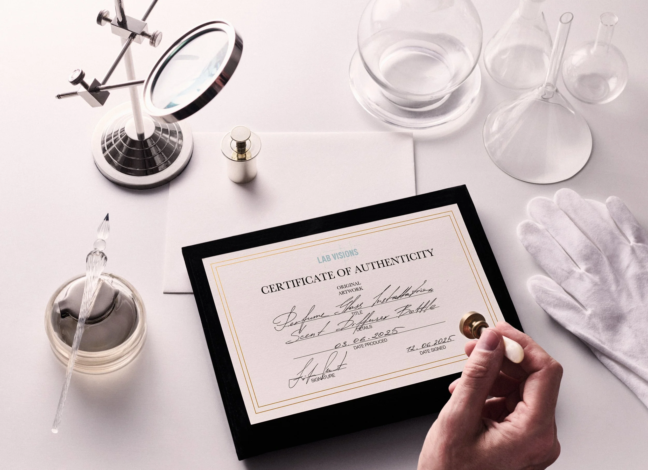 A laboratory workspace with scientific equipment, including glassware and a certificate of authenticity for a perfume scent, with a person's hand holding a stamp.