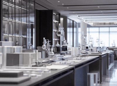 Laboratory with glassware and scientific equipment on counters, in a modern room with large windows.