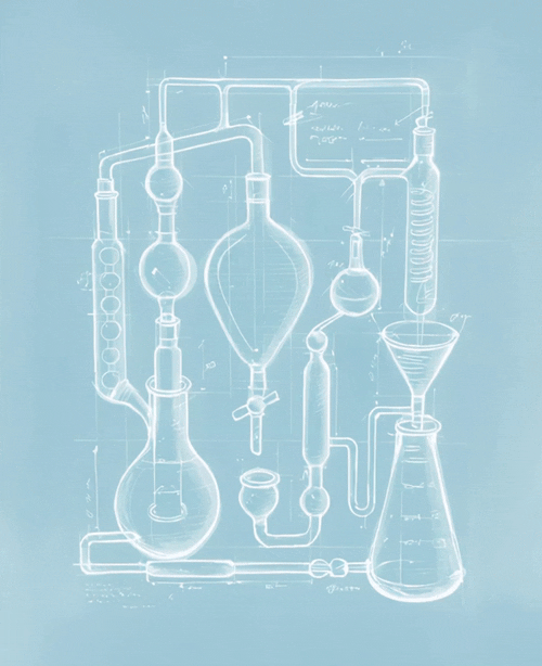Blueprint sketch of a complex laboratory glassware setup with tubes, flasks, and condensers on a light blue background.
