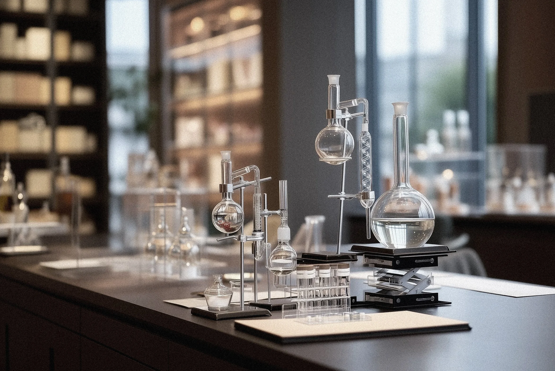 Chemical laboratory setup with glassware and equipment on a black table in a modern room with large windows and shelves in the background.