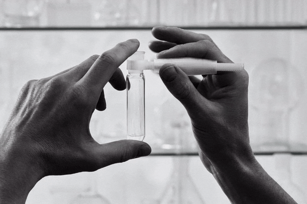 Person holding a small vial and a pipette in front of a window.