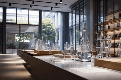 A modern laboratory with glassware such as beakers and test tubes on a large table, with shelving and large windows allowing natural light.