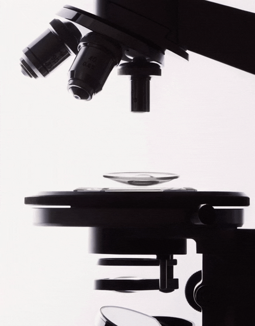 Close-up of a microscope focusing on a glass slide with a specimen.