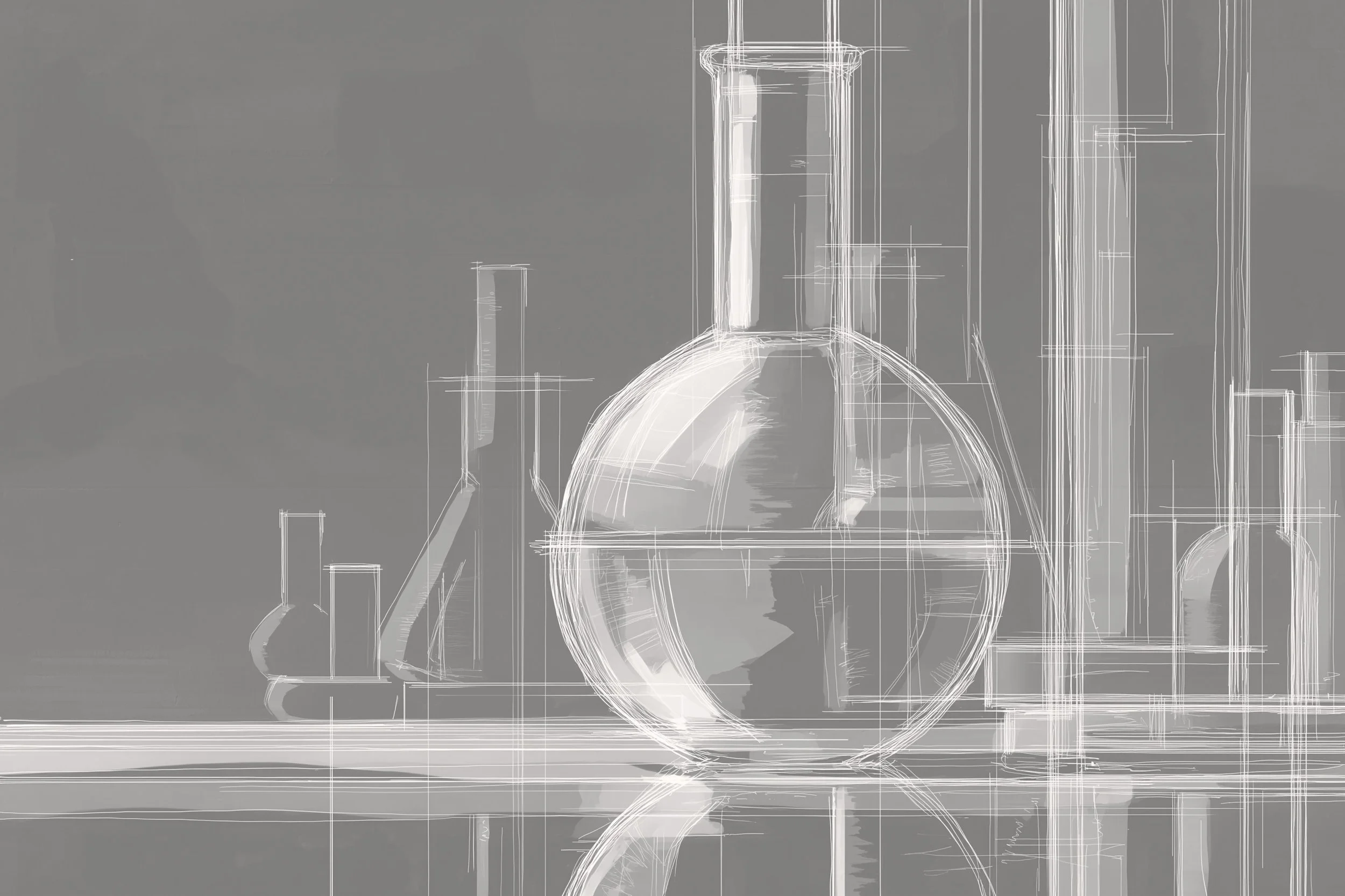 Sketch of laboratory glassware, including a round-bottom flask, test tubes, and beakers, on a reflective surface.