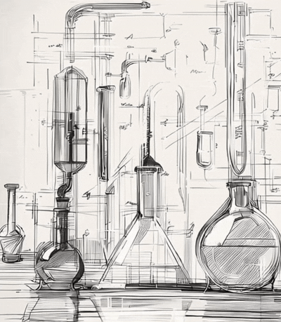 Sketch of laboratory glassware including test tubes, flasks, and condensers with detailed technical annotations.