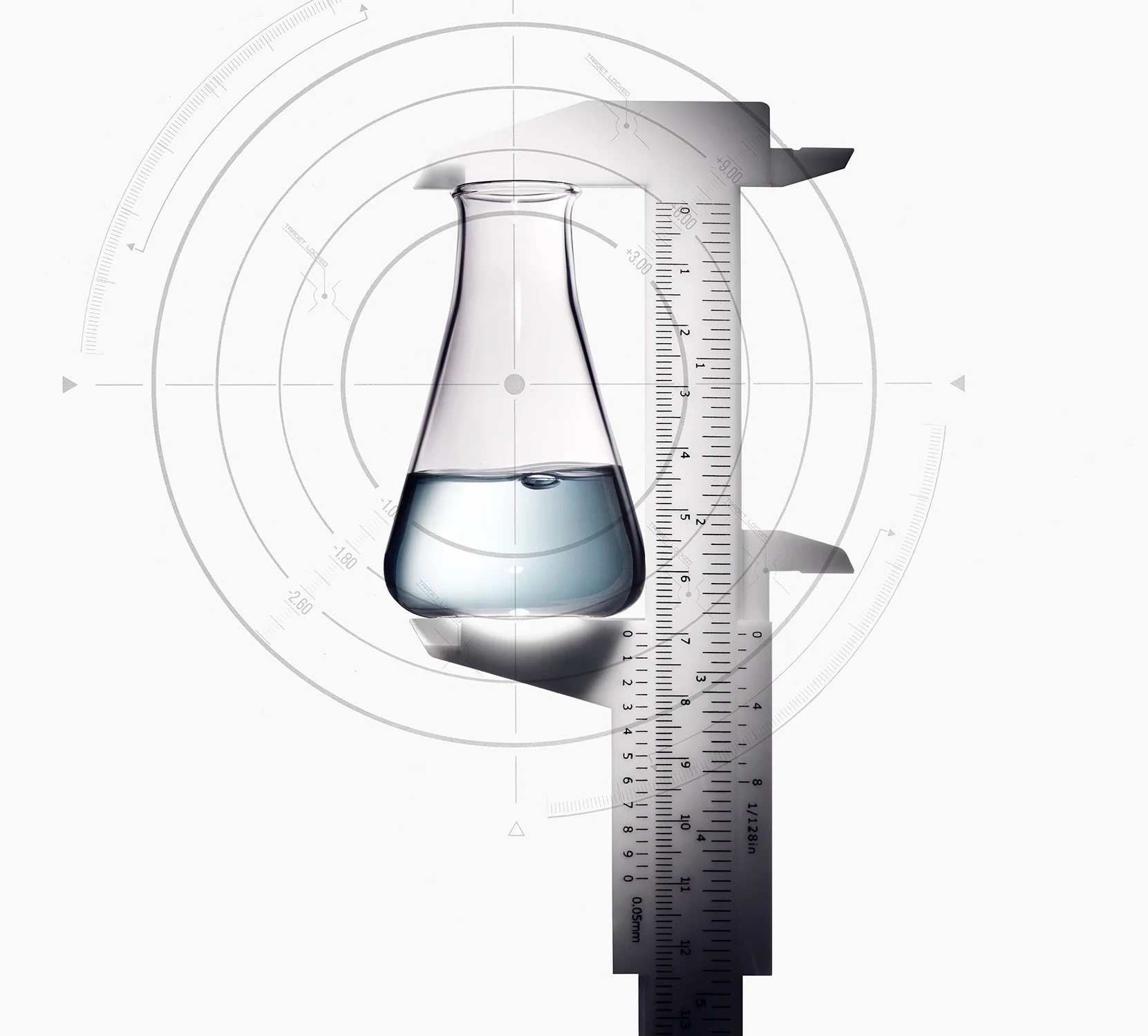 Laboratory flask with light blue liquid, measured with a rulers and scientific markings overlay.