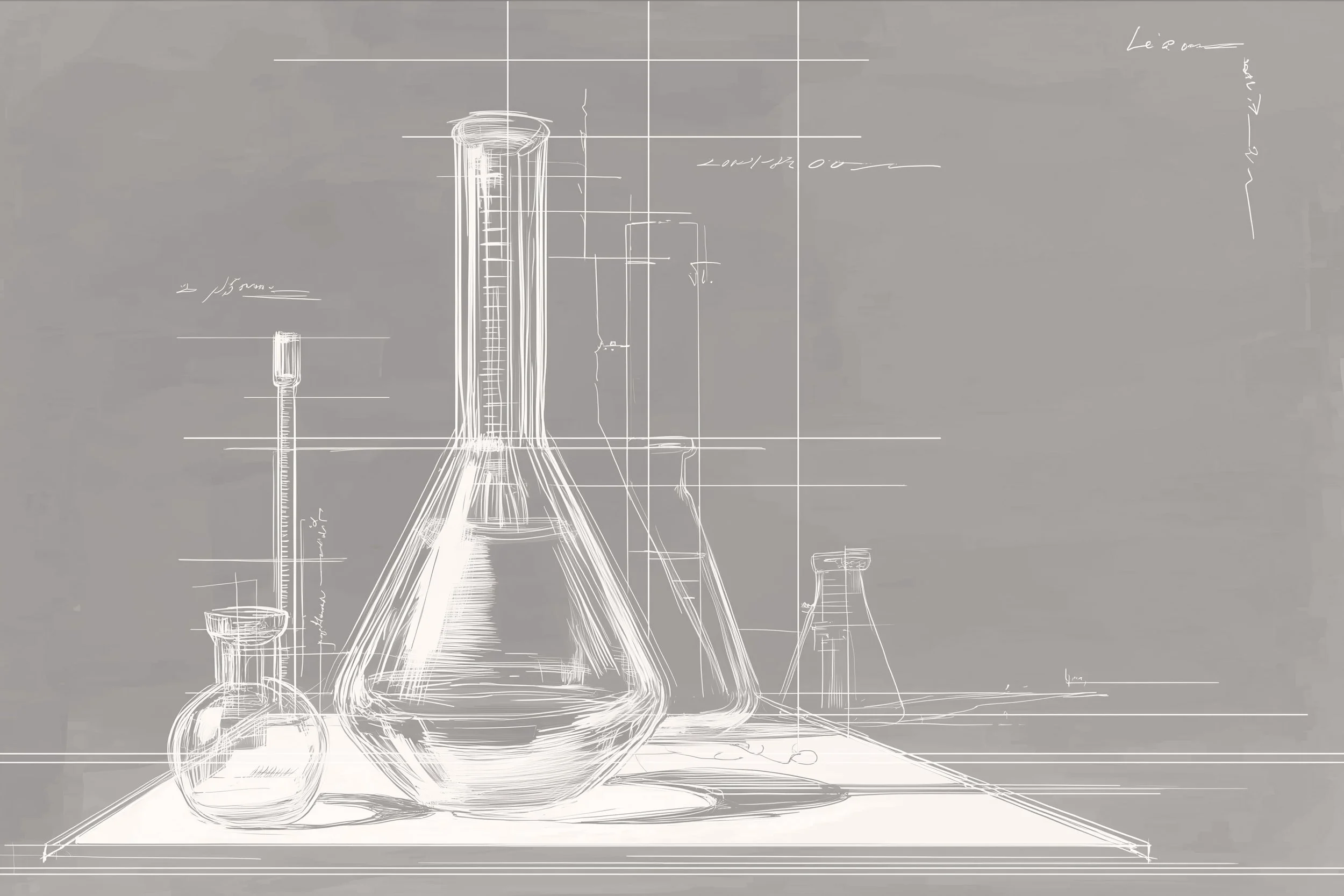 Technical drawing of laboratory glassware, including a large bottle, a smaller round-bottom flask, a graduated cylinder, and another flask, with measurements and notes.