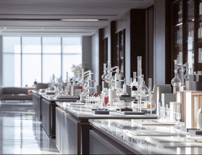 Laboratory with glassware and scientific equipment on countertops near large windows.