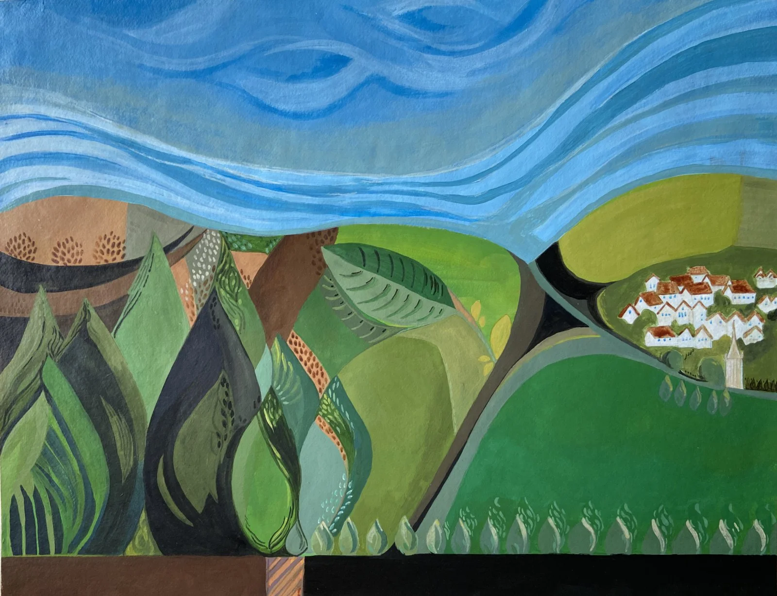 painting of a landscape in green with a small village in a distance