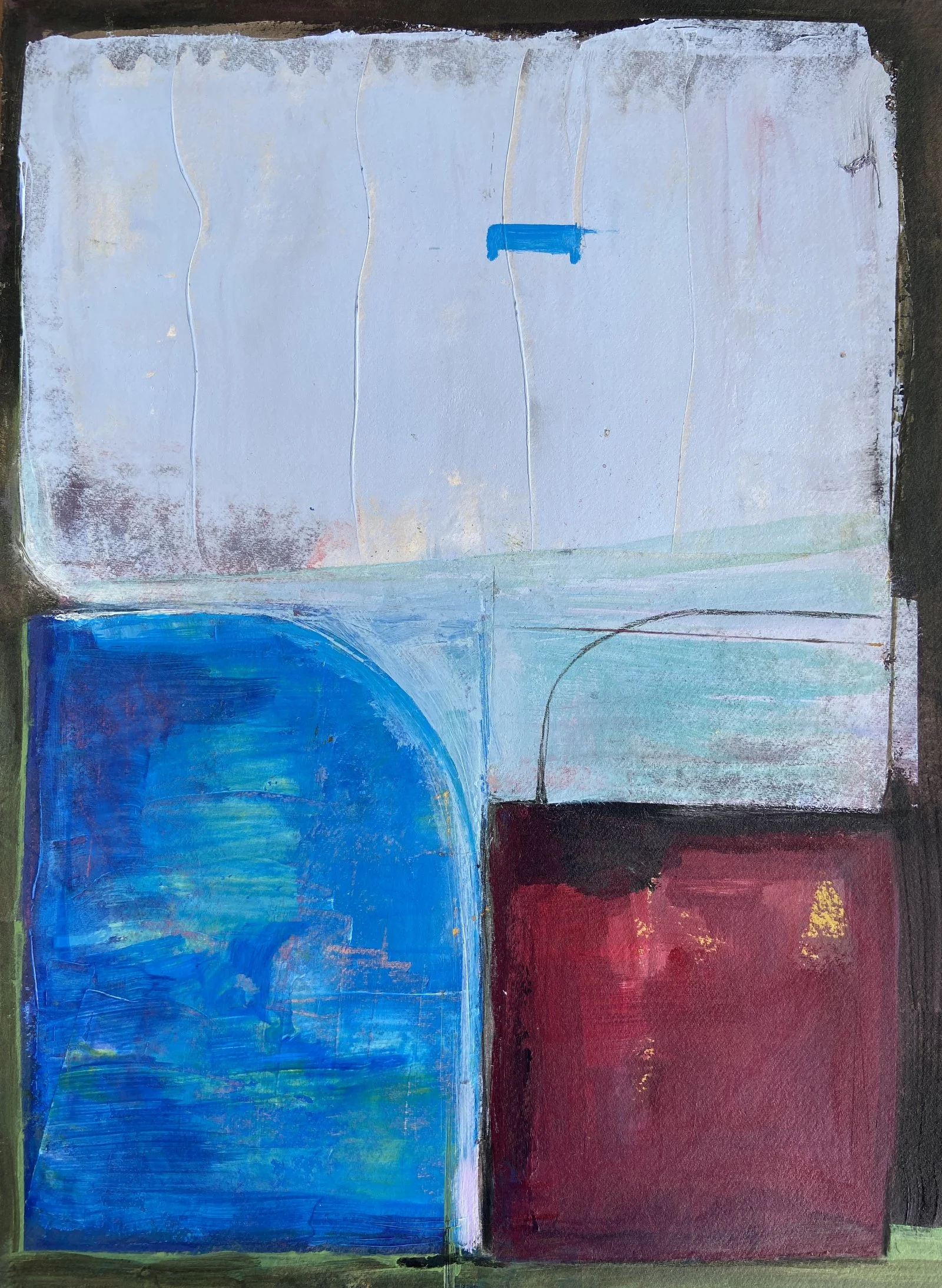 Abstract shapes in blue and dark red