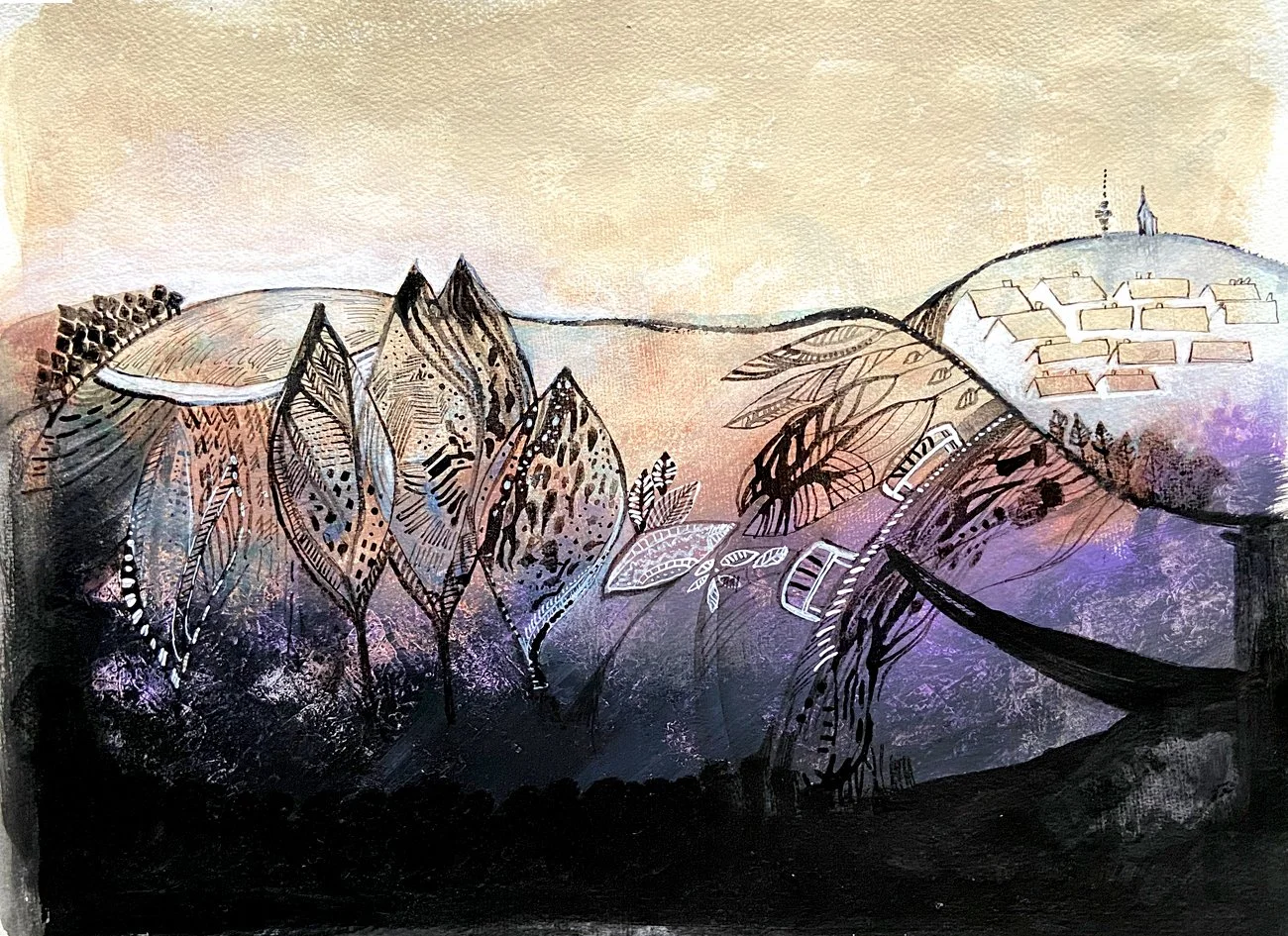 landscape in purple and creamy colours with black ink drawings