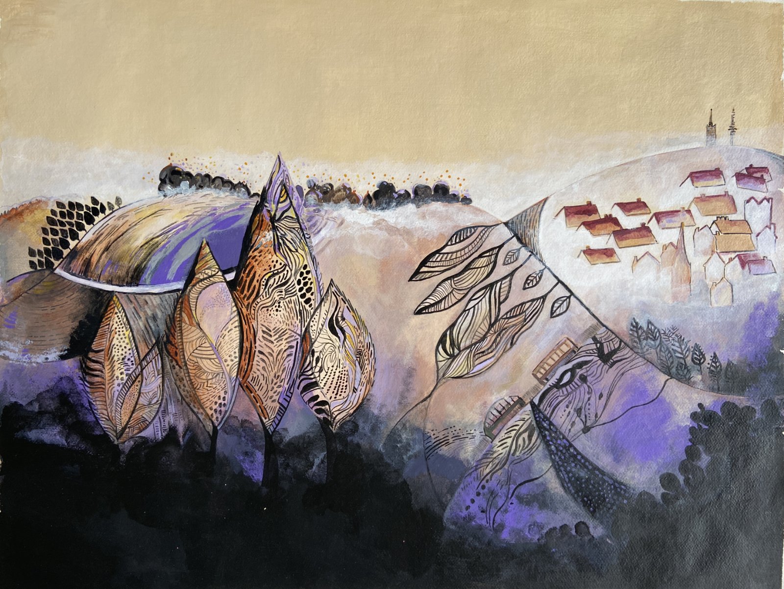 landscape in purple and creamy colours with black and white highlights