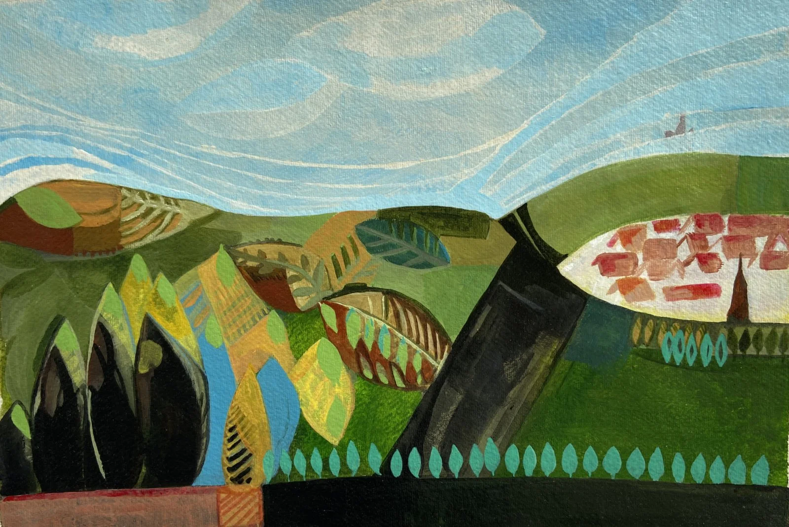 painting of a landscape in green and blue sky with a small village