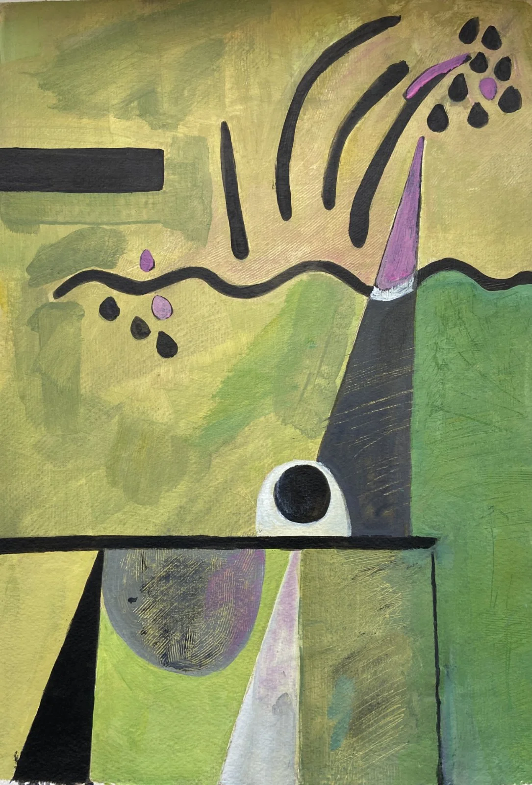 Abstract in green and yellow with pink triangle and black circle