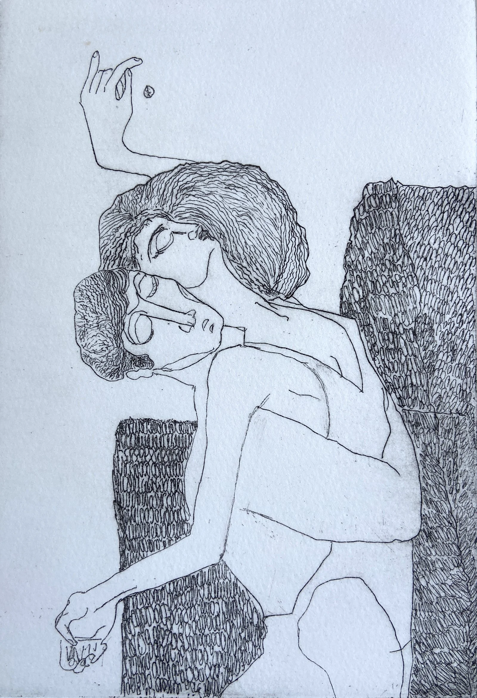 A line drawing of mail  holding a female, with a spread arms