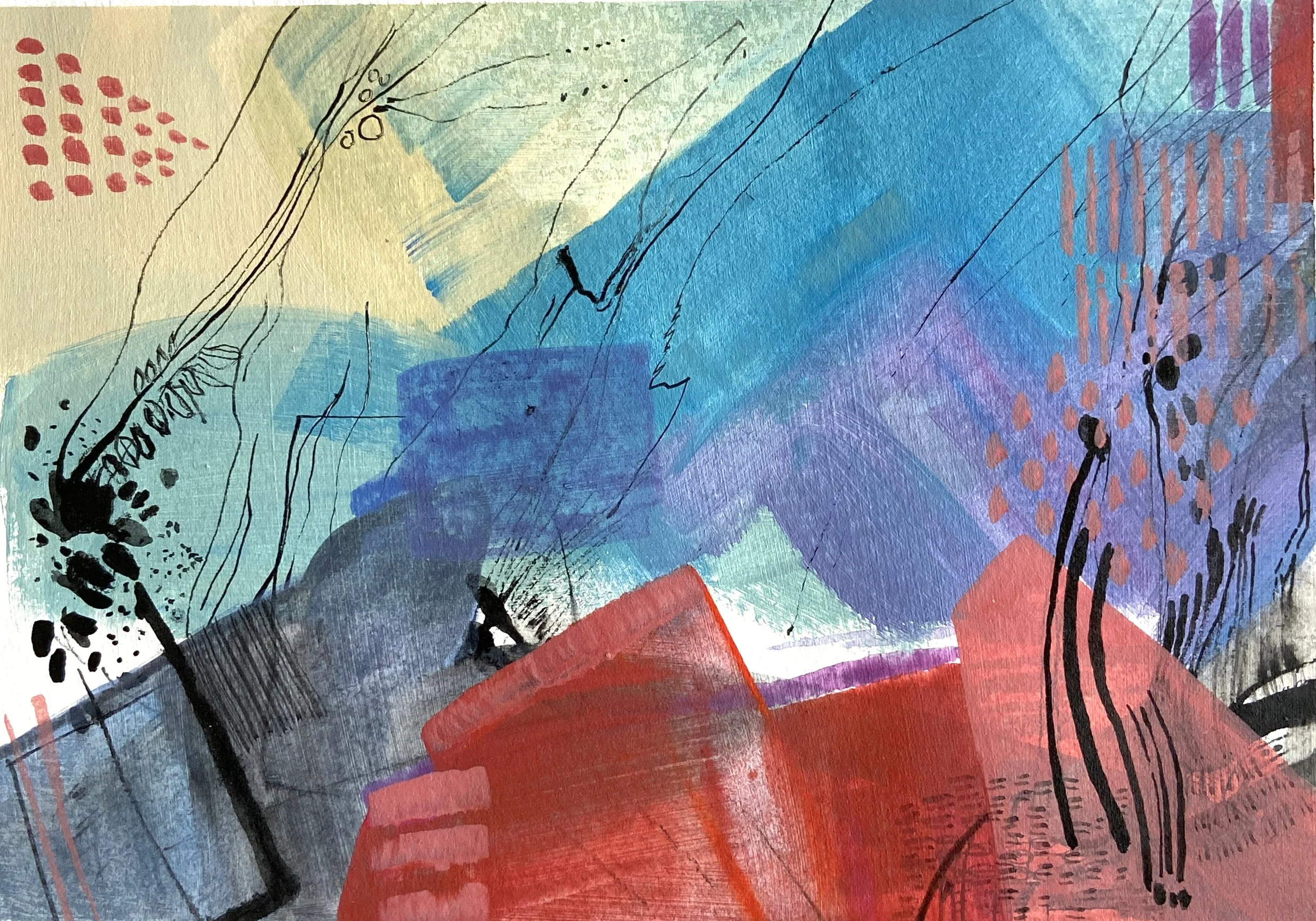 Abstract painting with red and blue angular shapes