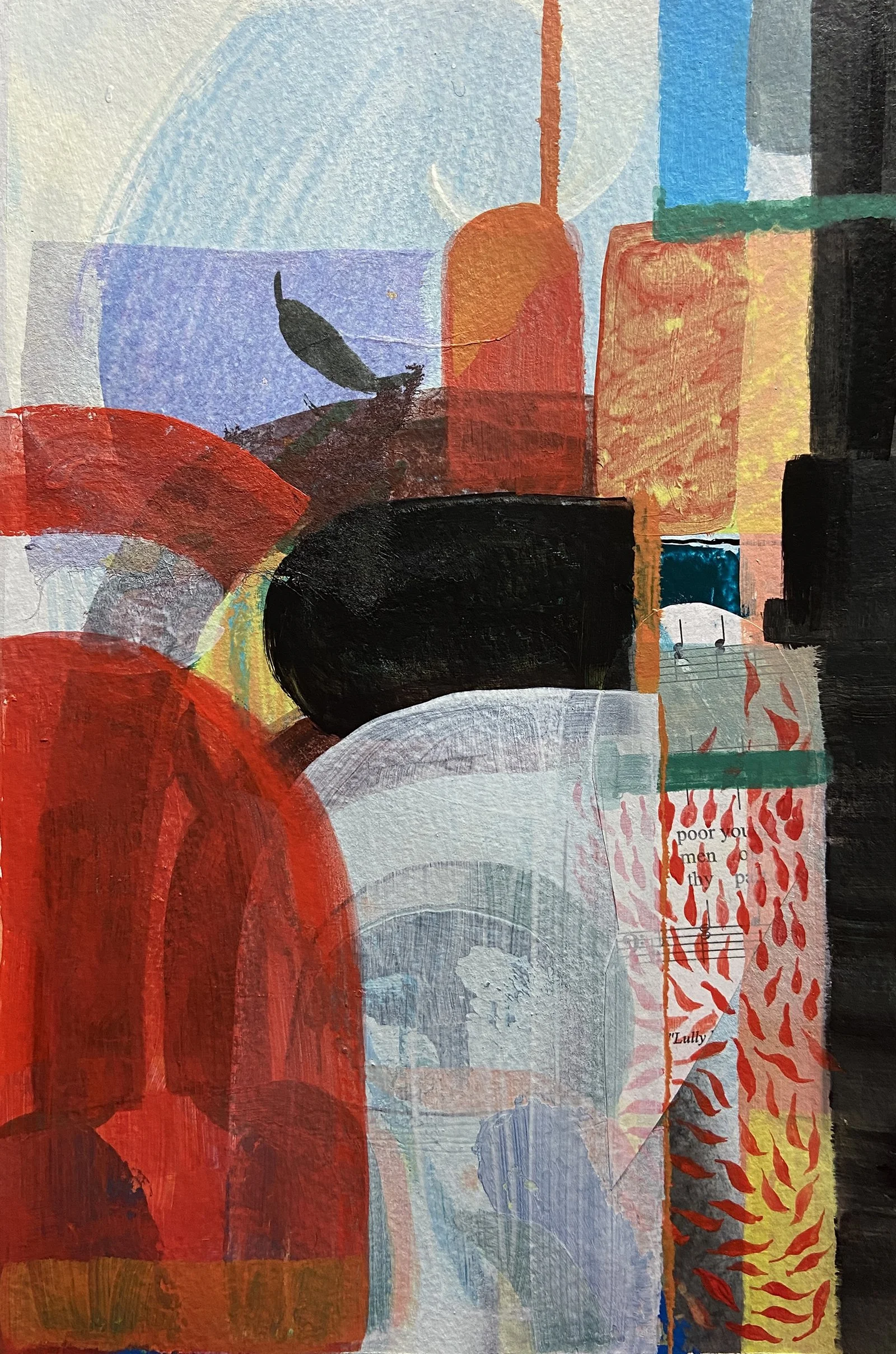 Half circles of red and orange shapes with light blue on top