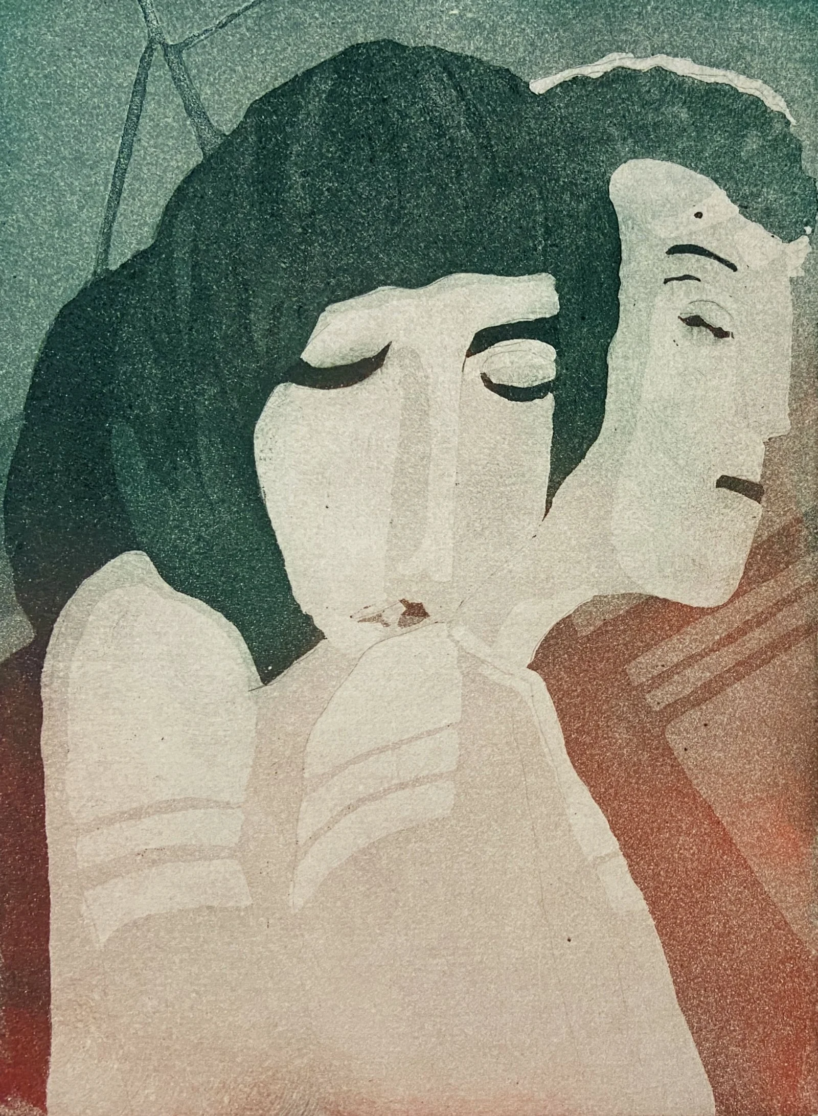 two faces of a women hugging a man from behind