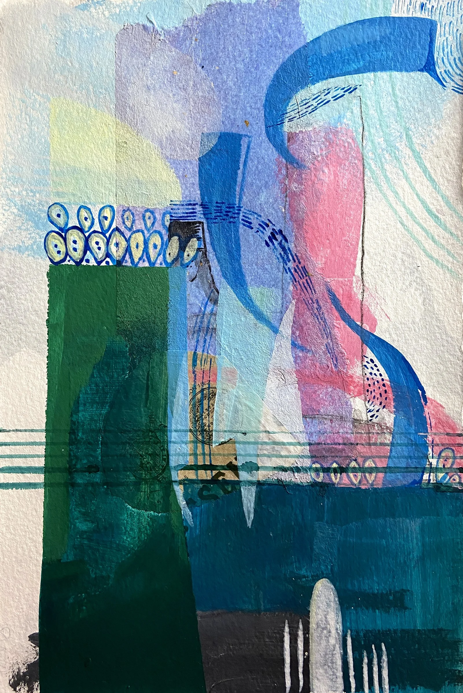 Dark green and blue shapes with a pink in a background