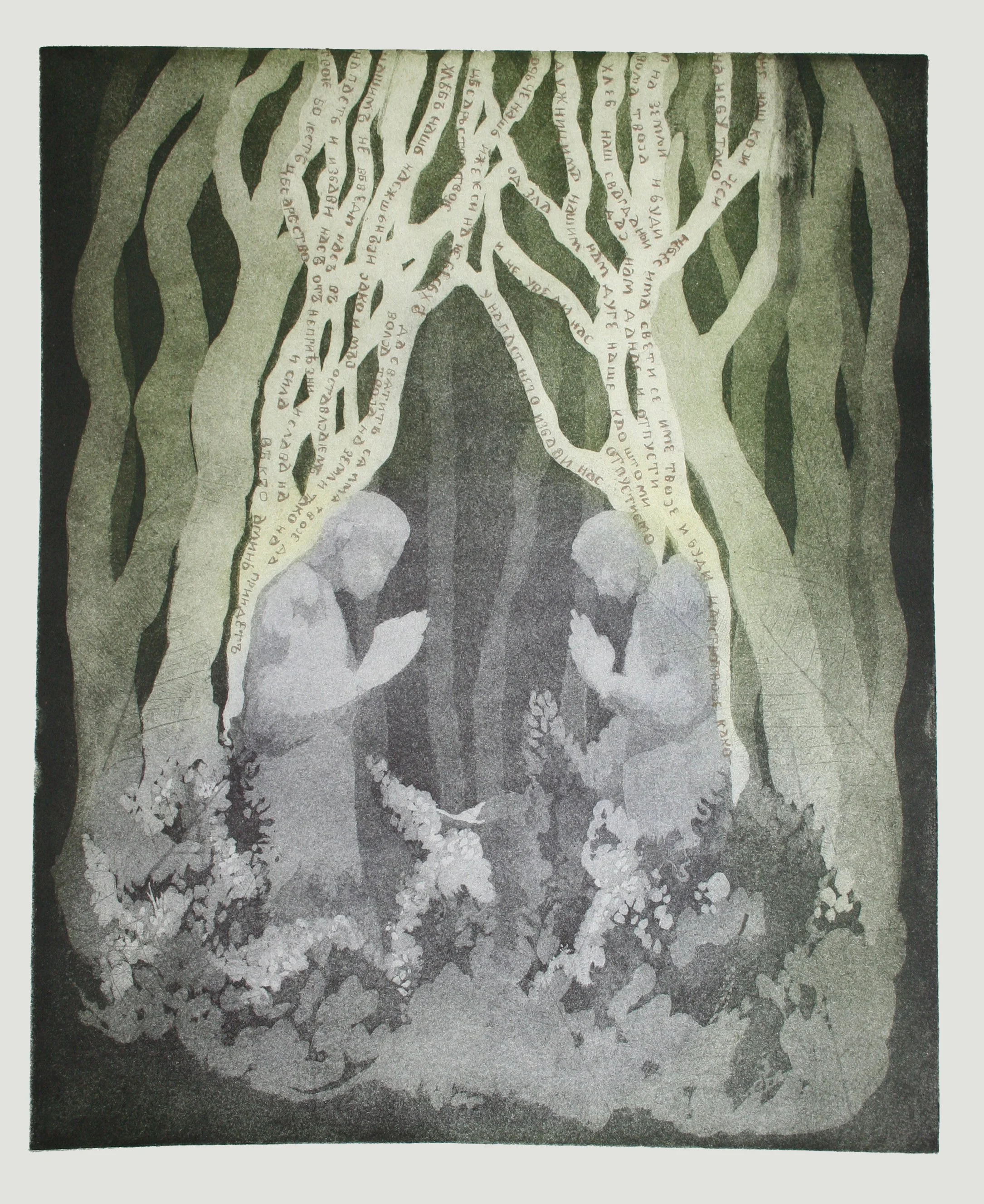 two man in preyer with grey and light green forest background