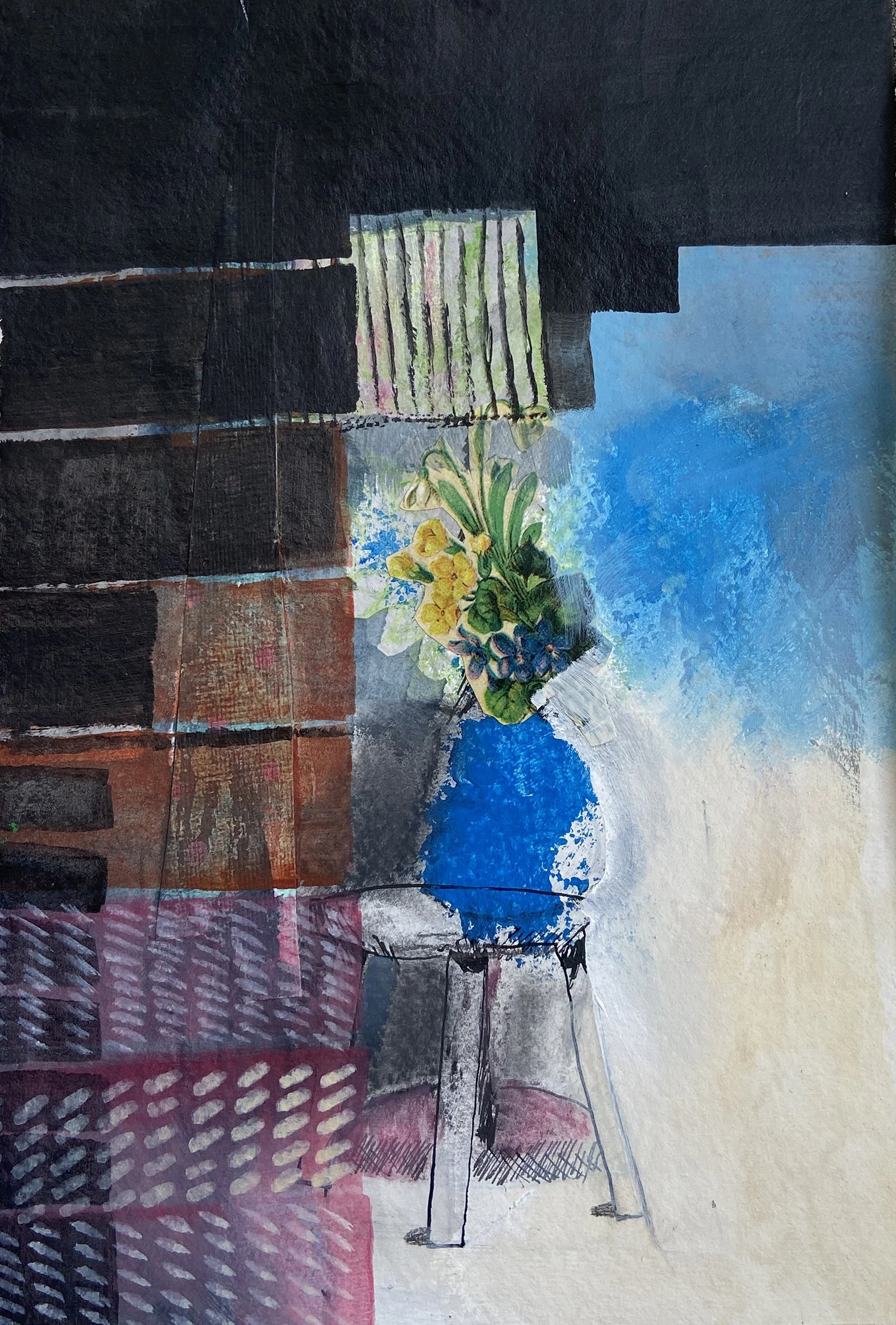 Dark brown and red in one side and blue and white behind a blue vase with flowers on three legged table