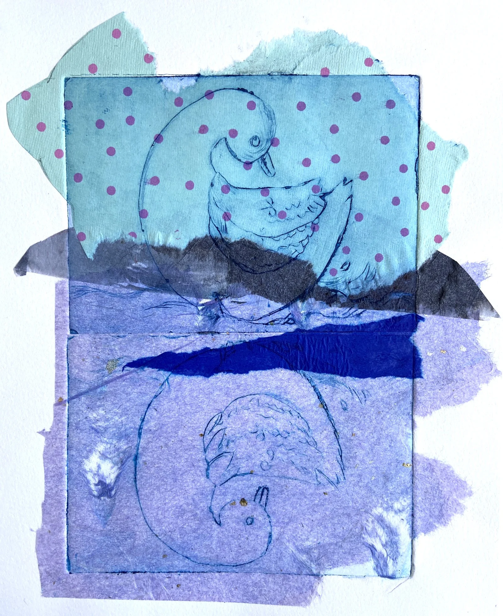 small duck reflected in a purple blue