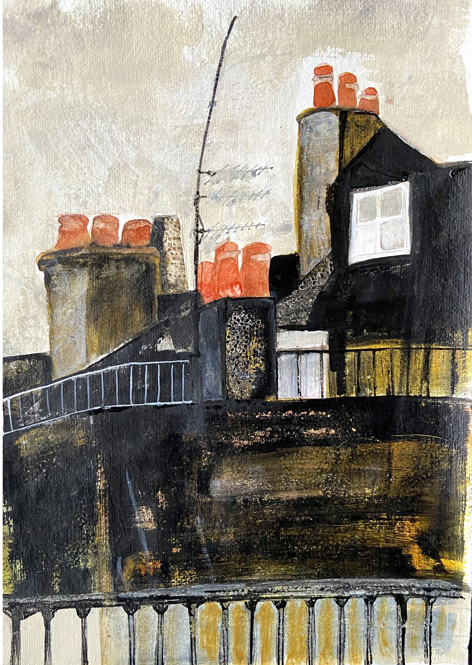 several red chimneys  on dark roof with two white windows