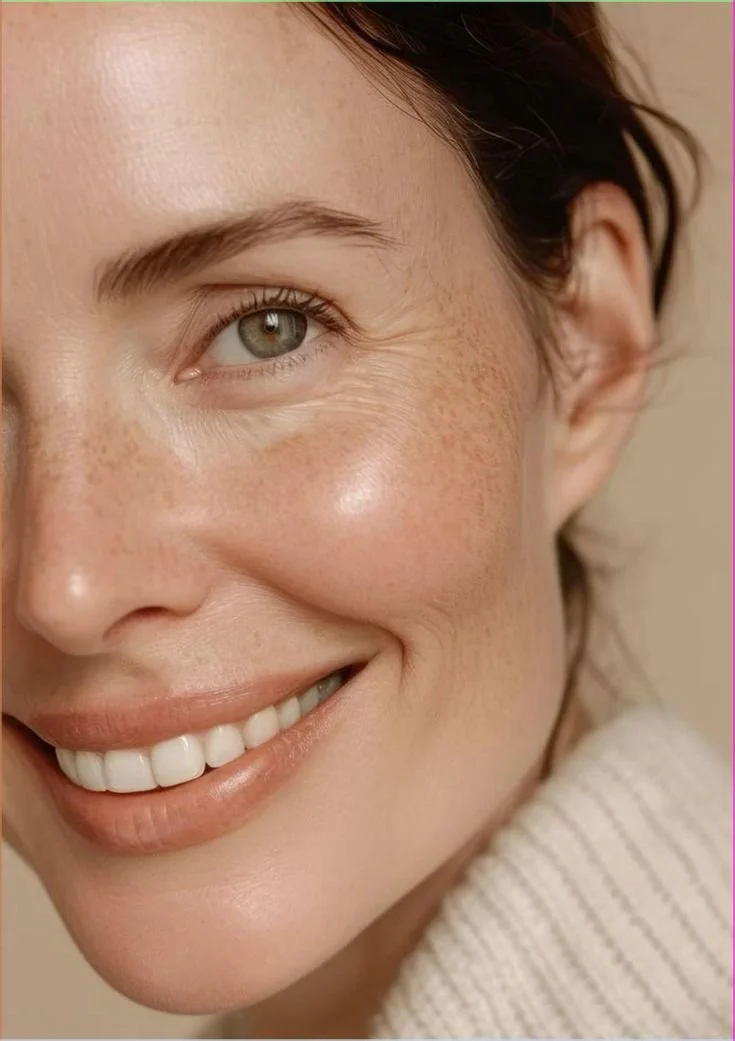 Gros plan du visage d'une femme souriante avec des cheveux foncés, des taches de rousseur et un teint clair, portant un pull blanc.