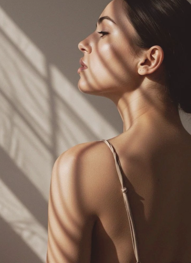 Portrait d'une femme aux yeux fermés, avec ombres douces sur le visage, portant une bretelle de camisole, avec un éclairage naturel créant des motifs d'ombre et de lumière.