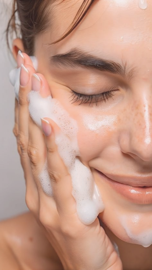Femme qui se lave le visage avec du savon ou un nettoyant, faisant mousser sa peau, souriant doucement avec les yeux fermés.