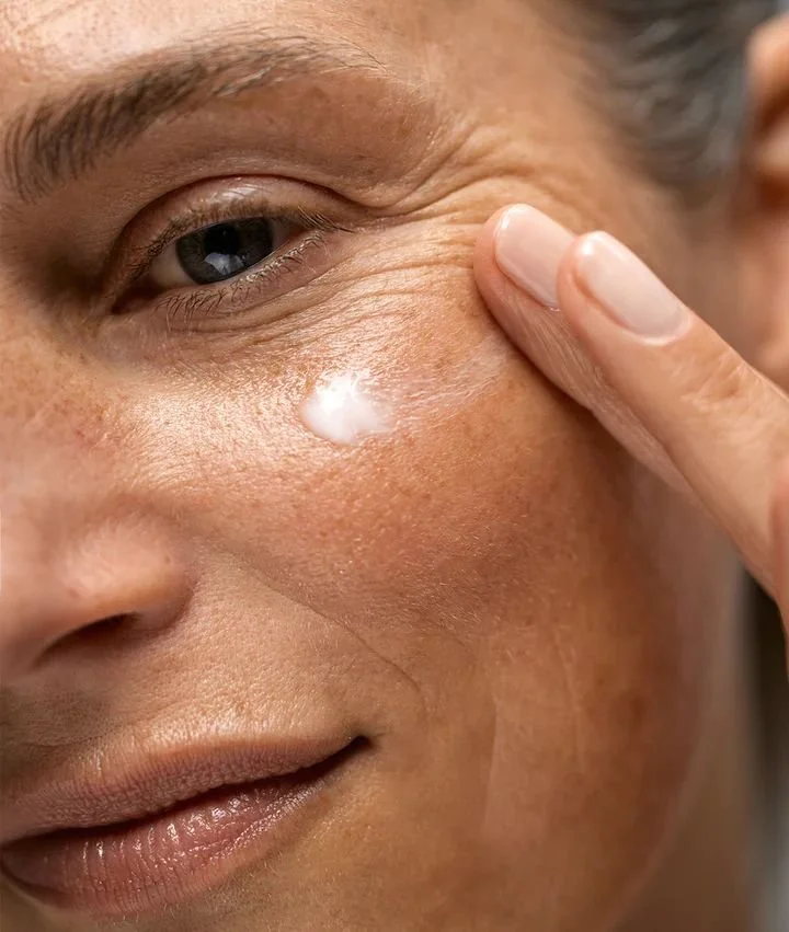 Une femme applique une crème ou un traitement facial sur sa joue, près de l'œil.