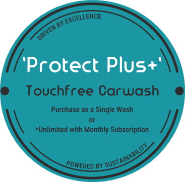 Blue circular sticker for 'Protect Plus' touchless carwash, powered by sustainability, with purchase options for single wash or monthly subscription, featuring text and decorative black dots.