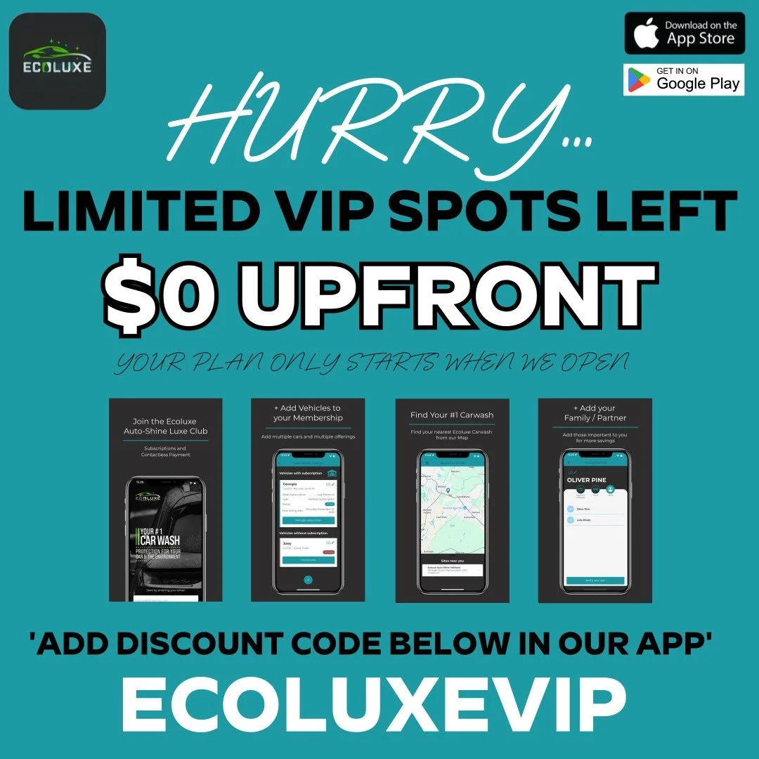 #limitedspotsleft
#ecoluxeautoshine
#ecoluxecarwash
#poweredbysustainability
#drivenbyexcellence
#vippresale
#luxeclub