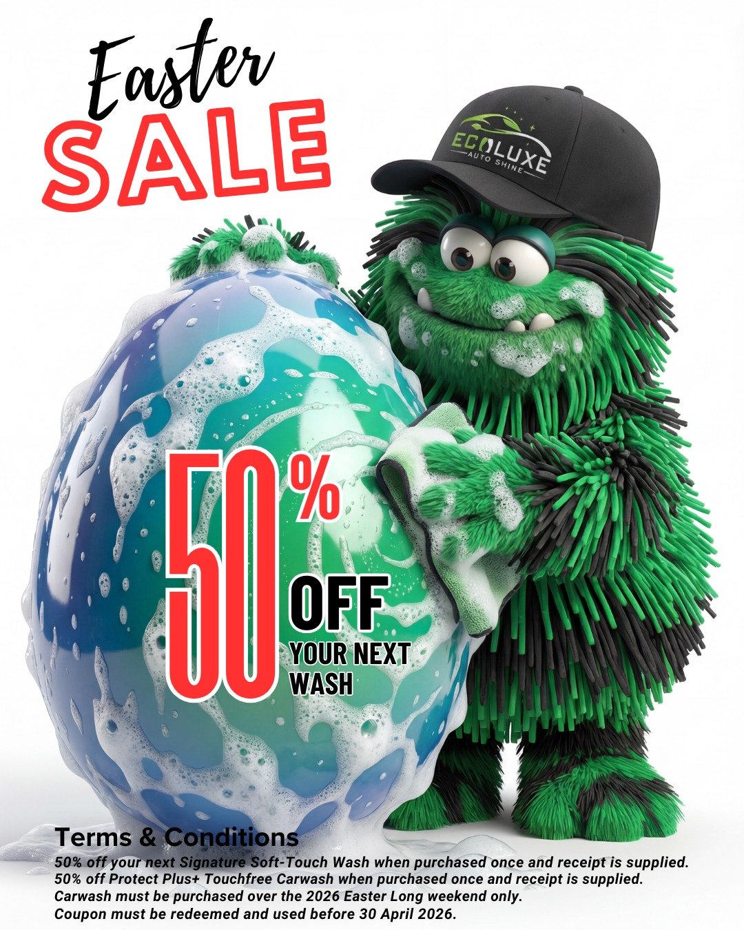 50% OFF your next carwash sale starts tomorrow...!

#ecoluxeautoshine
#happyeaster
#carwashsale
#maitland
#easteronlysale