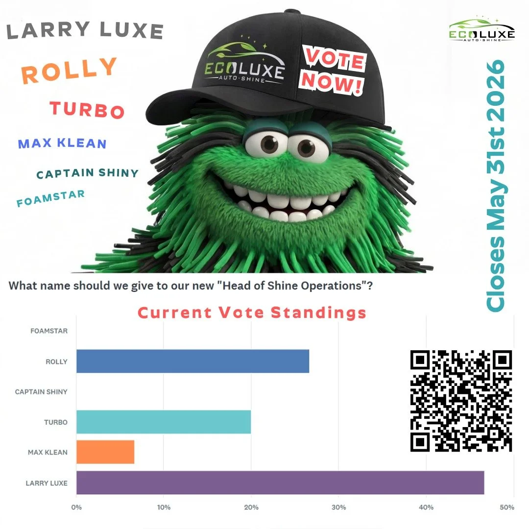 🚨 HURRY - HELP US NAME OUR NEW ECOLUXE SHINE BOSS! 🚨

Our fuzzy Auto-Shine mascot needs an official name &mdash; and the vote is getting competitive 👀

Current front runners:
💜 Larry Luxe
🧡 Rolly
💙 Turbo

Can 💚 Captain Shiny, ✨ Foamstar or 🫧 