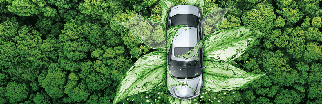 A silver car with large green leaves and splashes of water on top, set against a background of dense green forest.