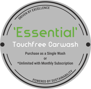 Circular logo for Essential Touchfree Carwash with text about single wash or monthly subscription, powered by sustainability, and driven by excellence.