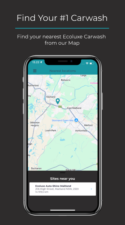 Smartphone screen showing a map with nearby car wash locations, including Ecolux Auto-Shine Maitland, with a header that reads 'Find Your #1 Carwash' on a black background.