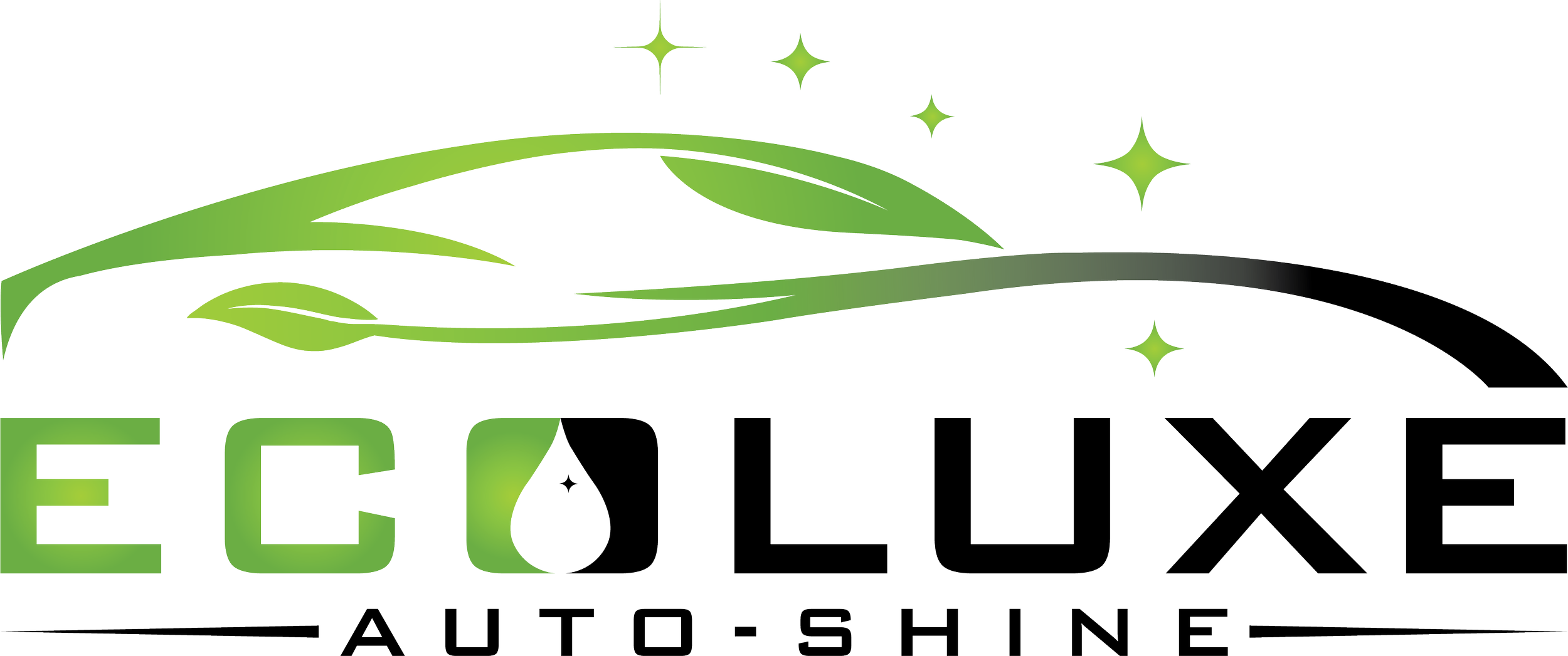 EcoLuxe Auto-Shine logo with green leaves, sparkles, and a water droplet design