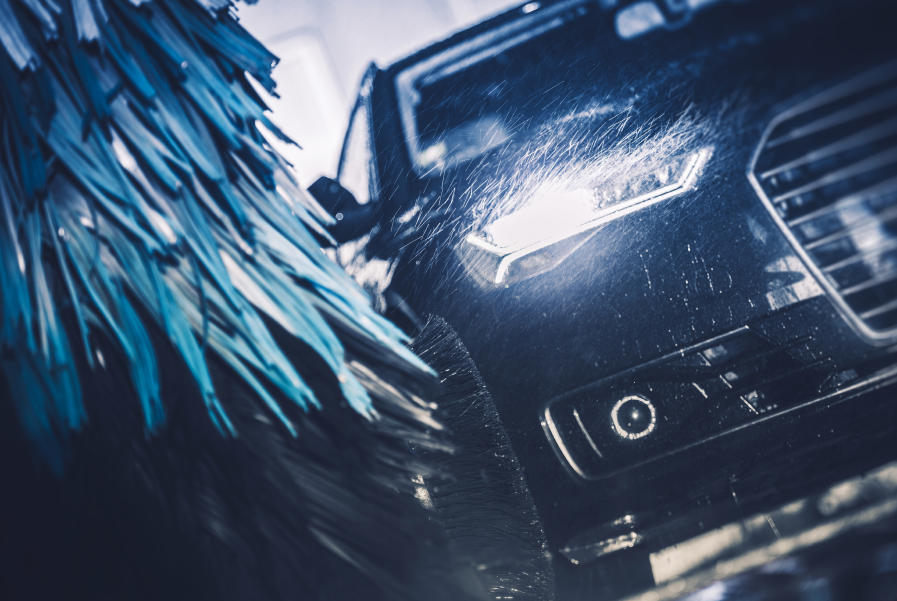 Close-up of a car being washed, with water and soap visible on the surface, and a blue cleaning brush in the foreground.