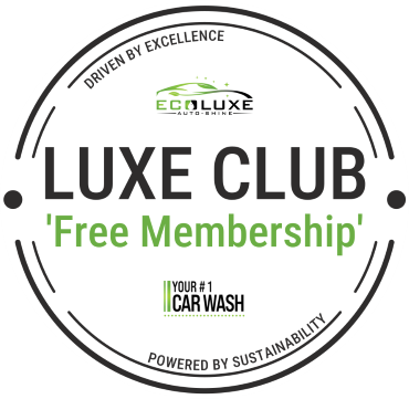 A circular logo for Luxe Club promoting free membership and car wash, with eco-friendly branding and sustainability slogans.