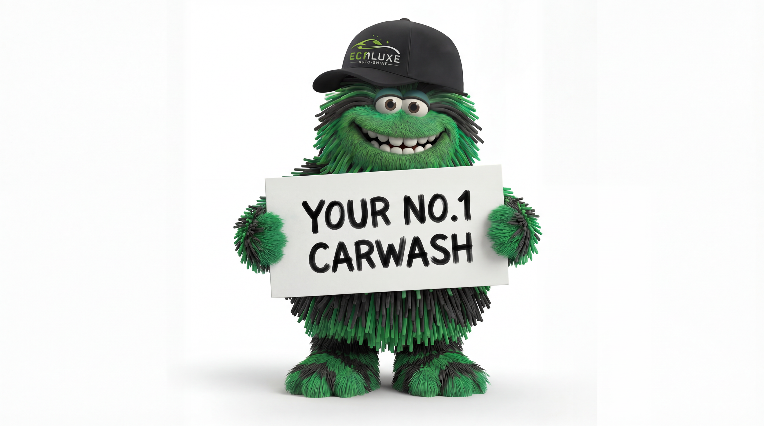 A green furry cartoon character with big eyes, a wide smile, and wearing a black cap that says 'EcLuxe Auto-Shine', holding a white sign that reads 'Your No.1 Carwash', against a plain white background.