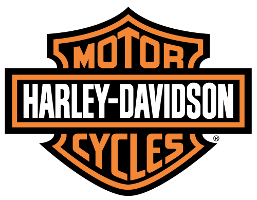 Harley-Davidson logo with orange and black shield design, featuring the words "Motor" at the top and "Cycles" at the bottom, and "Harley-Davidson" across the center.