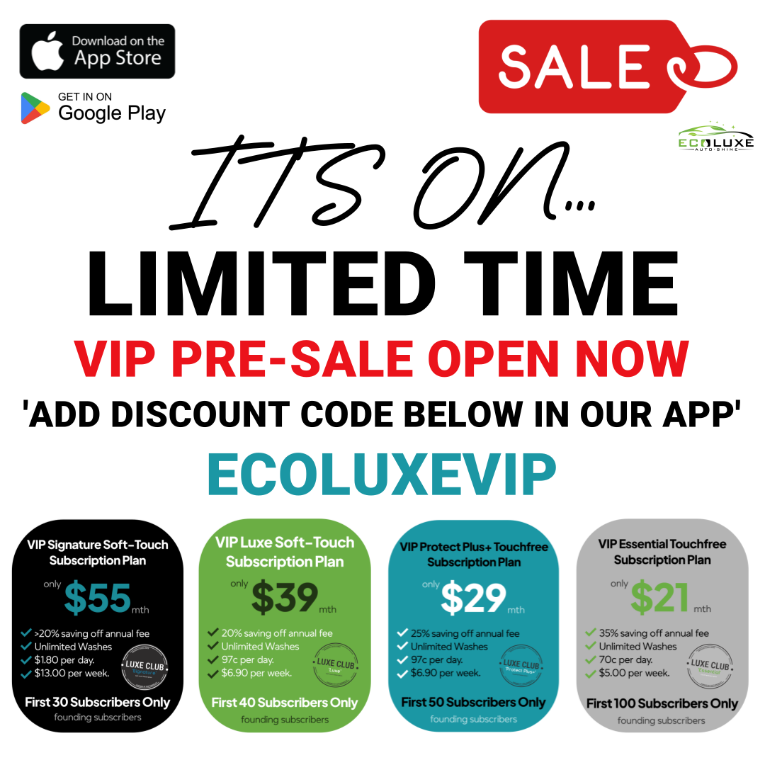 Promotional flyer advertising limited-time VIP pre-sale for ecoLuxE VIP services, with discount codes for subscription plans, featuring app download options and pricing details.