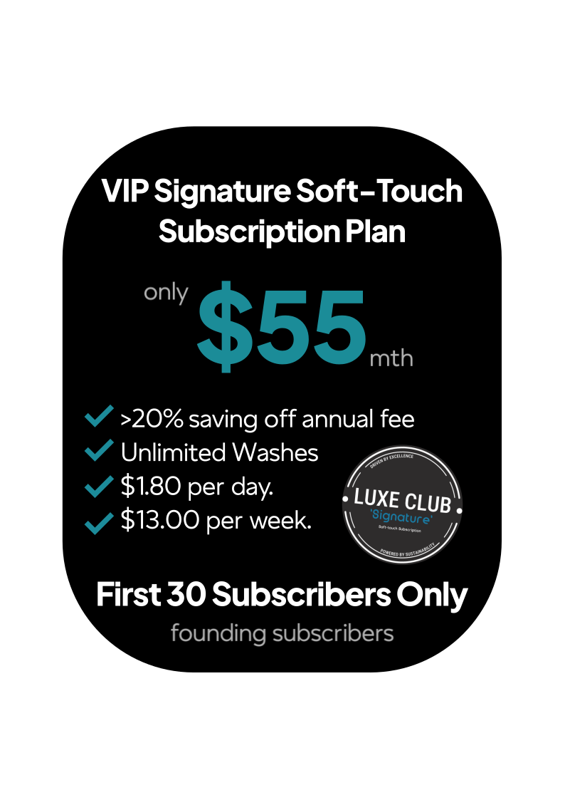 Advertisement for VIP Signature Soft-Touch Subscription Plan at $55 per month, with benefits like over 20% savings, unlimited washes, and costs of $1.80 daily or $13 weekly, limited to the first 30 subscribers.
