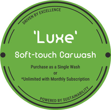 Green circular badge for 'Luxe' soft-touch carwash, indicating options for single wash or monthly subscription, with slogans about excellence and sustainability.