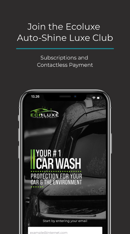 Promotional display for Ecoluxe Auto-Shine Luxe Club featuring a mobile app for car wash subscriptions and contactless payment, with an image of a wet black car.