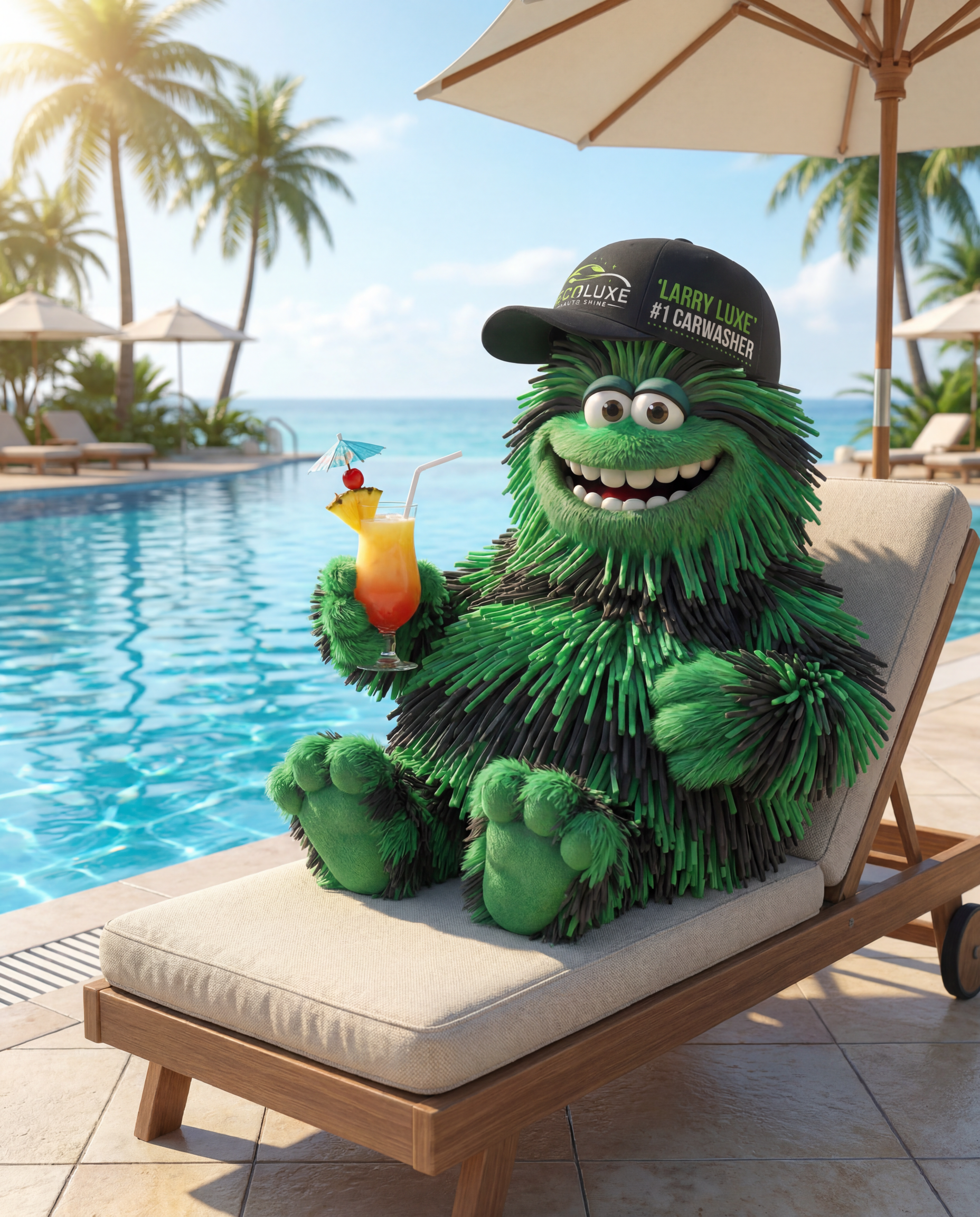 A green furry monster with large eyes and a big smile, wearing a black trucker hat that reads 'Larry Luxe #1 Carwasher,' sitting on a beige lounge chair by a swimming pool under a large umbrella, holding a tropical cocktail with a cherry, pineapple slice, and a cocktail umbrella.